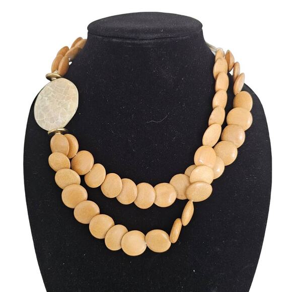 Vintage 1980s Layered Disk Style Necklace Beige Yellow w/ Stone Accent - Picture 1 of 4